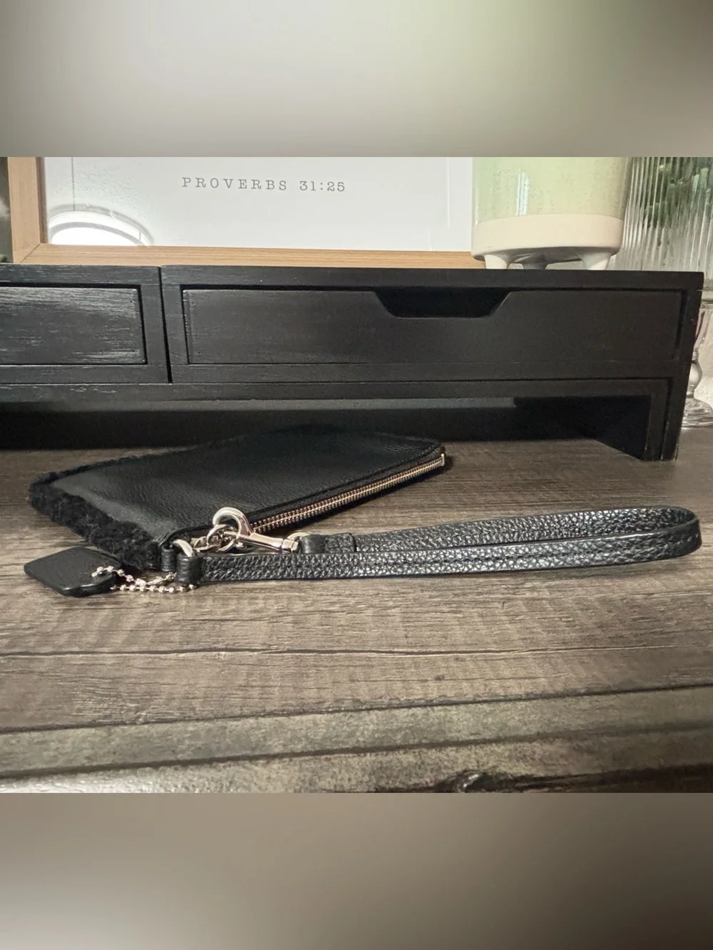 Coach Black Pebbled Leather Shearling-Trim Wristlet